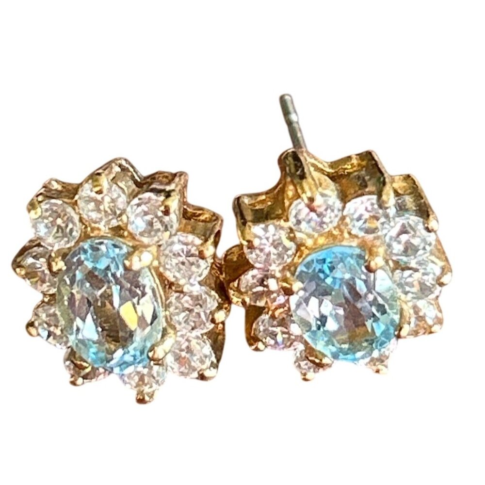 Vintage Gold-Tone Floral Stud Earrings With Blue & Clear Gemstones .5 Inch